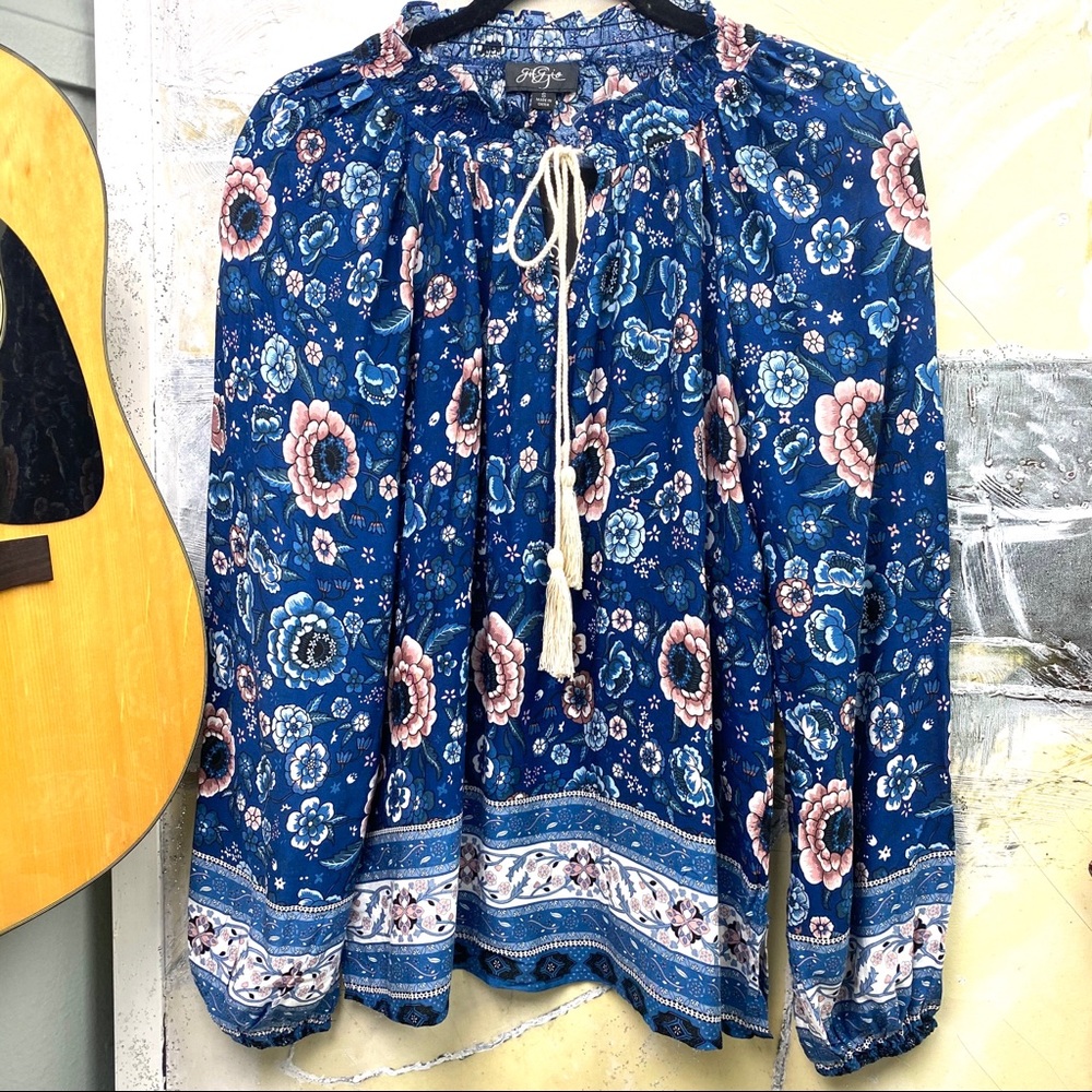 Blue Boho Floral Print Puff Sleeve Peasant Blouse - Picture 4 of 14